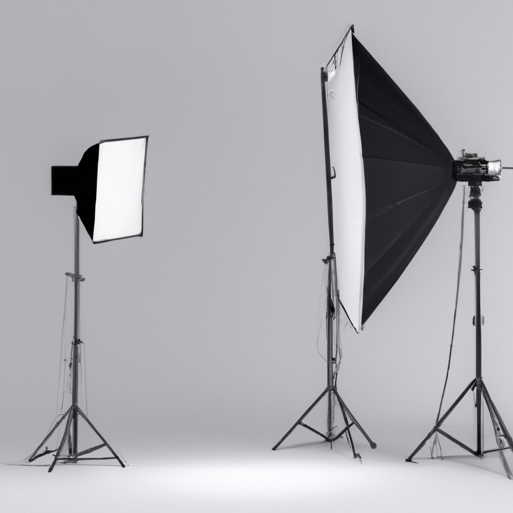 Estudio minimalista con ciclorama blanco, softboxes y cámara en trípode